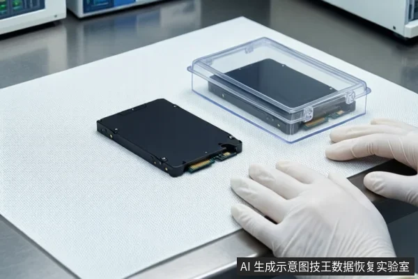 白色防静电垫上平放一块黑色固态硬盘,右侧透明盒内固定另一块硬盘。一双戴白色手套的手平放在垫子边缘,背景为实验室设备。