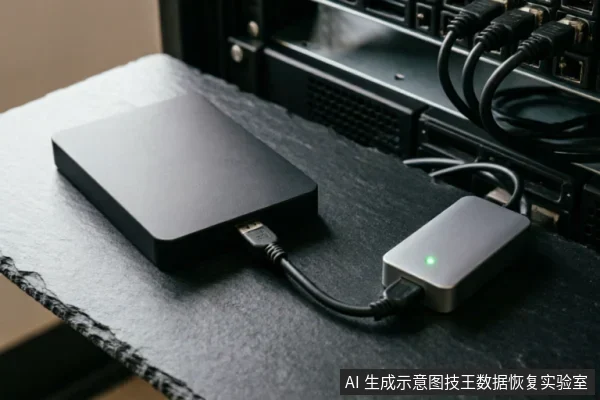 黑色移动硬盘通过USB数据线连接至一个带有绿色指示灯的银色适配器,该适配器另一端连接在服务器或机架设备的接口上,展示了物理链路连接状态。