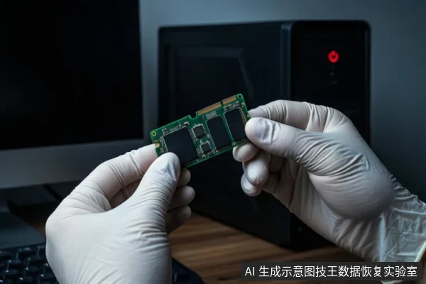 戴白手套的双手在黑色主机前持握一块绿色闪存模块,背景可见显示器与键盘。