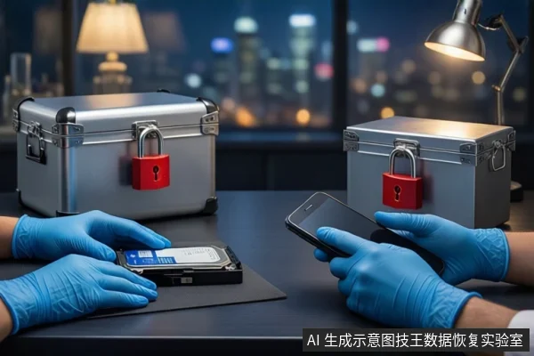 深色桌面上,左侧戴蓝色手套的双手平放在一块机械硬盘旁,右侧戴蓝色手套的双手正持握一部智能手机,背景为两个挂有红色挂锁的银色金属防震箱、模糊的城市夜景和一盏台灯。
