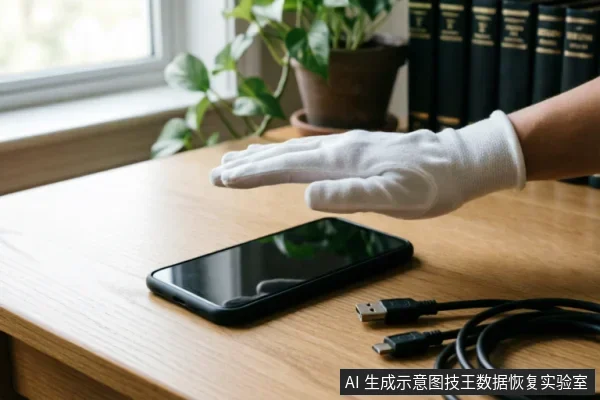 一只戴着白色防静电手套的手悬停在平放于木桌上的黑色智能手机上方,手机旁放置着一根黑色的USB数据线,背景可见绿植和书籍。