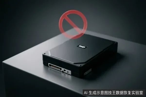 黑色WD品牌机械硬盘静置于深色台面上,上方悬浮一个红色的禁止符号(圆圈加斜杠),直观表达“立即停止通电”、“禁止操作”或“严禁重启”的警示含义。