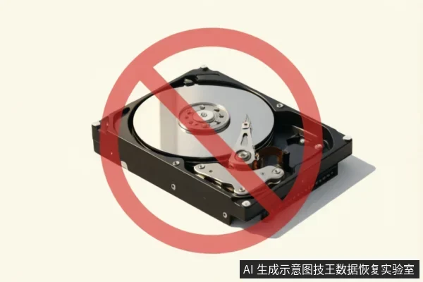图片展示了一个打开外壳的机械硬盘,其上方覆盖着一个巨大的红色禁止符号(圆圈加斜杠)。该画面直观地表达了“停止操作”、“禁止通电”或“严禁使用”的含义,与文中强调的立即止损、避免写入及防止数据进一步损坏的核心建议高度契合。