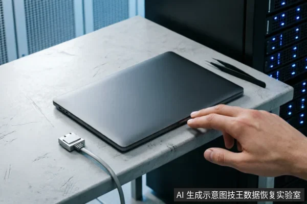 一只手正伸向放置在混凝土台面上的闭合笔记本电脑，旁边连接着一根USB转SATA硬盘易驱线，背景为带有蓝色指示灯的服务器机柜。