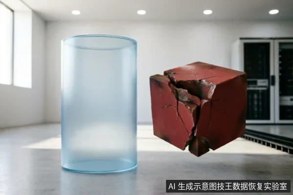 画面展示了一个磨砂质感的蓝色圆柱体与一个表面布满裂纹的红色立方体并置在室内台面上。红色方块呈现破碎状态,隐喻精密硬件遭受的物理损伤或逻辑故障,背景为模糊的专业设备环境,用于示意数据恢复中硬件损坏的概念。