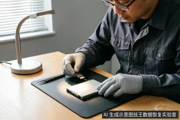一名戴眼镜和防静电手套的技术人员正在木质桌面的黑色防静电垫上操作一块裸露的机械硬盘。他手持工具仔细检查硬盘接口,旁边放有镊子和台灯,呈现出专业数据恢复或硬件检测的工作场景。