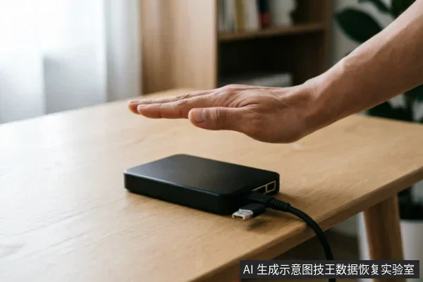 一只手掌悬停在连接着数据线的黑色移动硬盘上方，做出停止或拒绝的手势。硬盘放置在木质桌面上，背景模糊，示意在设备故障时立即停止通电和操作。