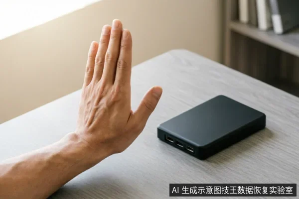 一只手掌伸出做出停止的手势,挡在桌面上一个黑色移动硬盘前方,示意切断电源并停止读写操作,背景为简洁的桌面环境。