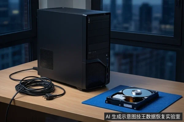 木质桌面上放置一台黑色台式主机,左侧盘绕着黑色电源线。右侧蓝色防静电垫上平放一块打开外壳的机械硬盘,露出盘片与磁头组件。背景为模糊的窗户和城市夜景。