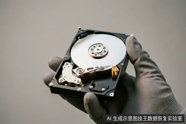 一只戴着灰色防静电手套的手托举着一台已打开外壳的机械硬盘，清晰展示了内部的金属磁盘盘片、读写磁头臂及中心转轴结构。