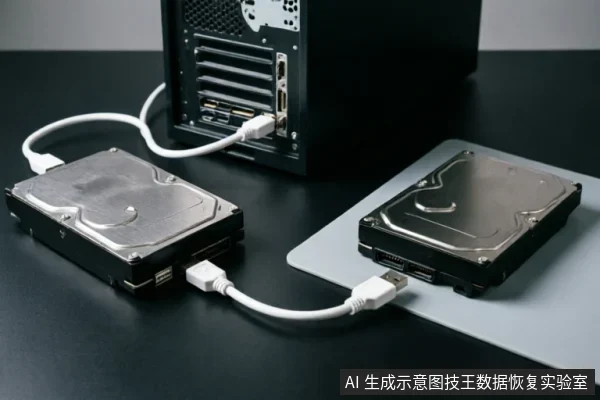 黑色桌面上放置着两块裸露的机械硬盘,其中左侧硬盘通过白色USB数据线连接至后方黑色主机箱的接口,右侧硬盘放置在灰色垫板上。画面展示了硬盘外接检测或数据读取的连接状态,主体清晰,无文字干扰。