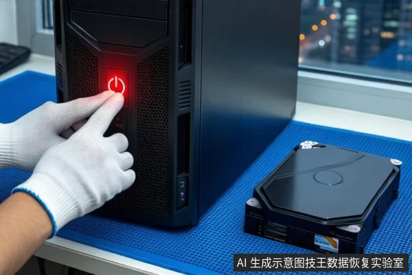 戴白手套的手正在按压黑色主机正面亮红灯的电源按钮，右侧蓝色防静电垫上平放一个黑色外接硬盘盒，背景为模糊的窗户。