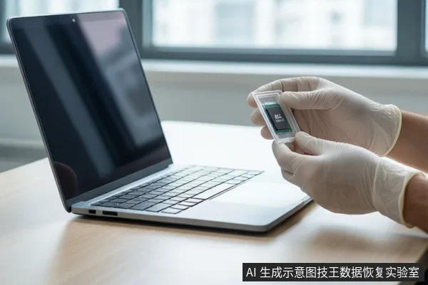 木质桌面上放置一台打开的银色笔记本电脑,屏幕黑屏。右侧一双戴白色手套的手正握持一个装有黑色固态硬盘的透明自封袋,悬停在桌面上方。背景为模糊的窗户。