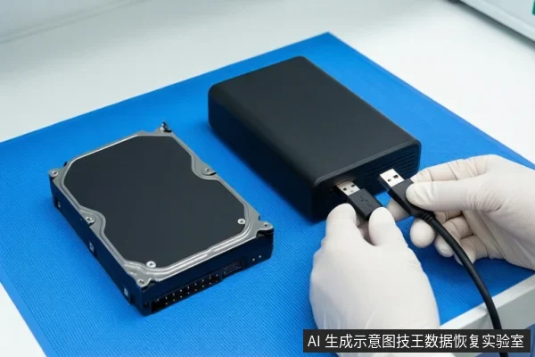 蓝色防静电垫上平放一块带金属顶盖的机械硬盘和一个黑色移动硬盘盒。右侧一双戴白色手套的手正握持黑色USB线缆，将其插头插入硬盘盒侧面接口。背景为白色桌面。