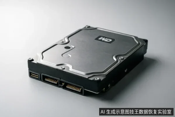 一张WD品牌机械硬盘的侧面特写图,清晰展示了金属顶盖、黑色底座以及SATA数据接口和供电接口的物理结构。