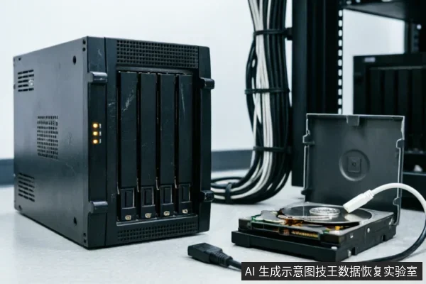 画面展示了一台多盘位NAS存储设备,旁边放置着一块已拆开外壳的机械硬盘。该硬盘通过USB数据线连接至外部,内部磁盘与电路板清晰可见,呈现出数据恢复或硬件检测的场景。
