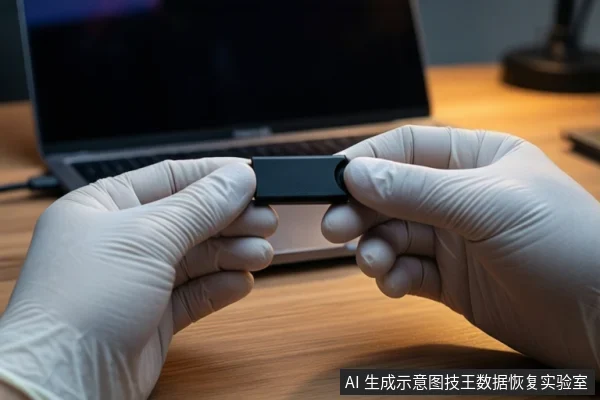 木质桌面上，前景一双戴白色手套的手持握一个黑色U盘，背景有一台打开的笔记本电脑。