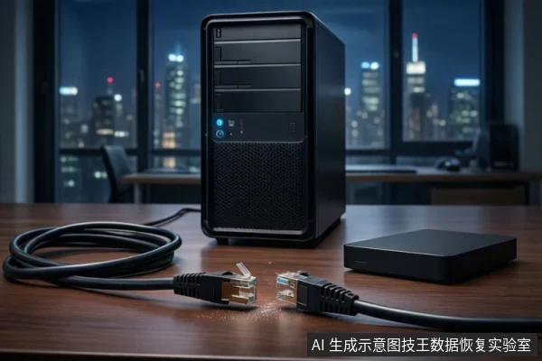 木质桌面上放置一台黑色塔式主机，前景有一根断开连接的网线，右侧平放一个黑色方形存储设备，背景为模糊的城市夜景。