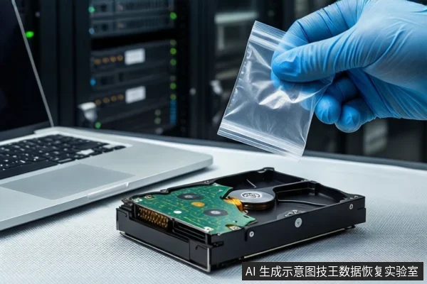 白色防静电垫上平放一块打开外壳的机械硬盘,左侧有一台银色笔记本电脑,右侧一只戴蓝色手套的手持透明防静电袋悬停在硬盘上方,背景为模糊的服务器机柜。
