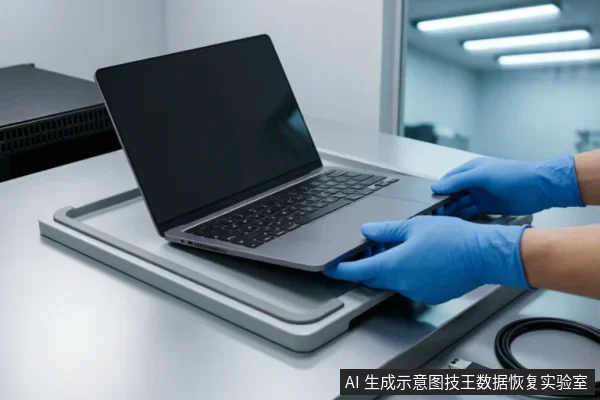 一双戴着蓝色防护手套的手正在洁净工作台上托起一台黑屏的笔记本电脑,设备置于灰色托盘上,旁边放有一根数据线。画面展示了专业环境下对故障设备进行物理检测与评估的场景。