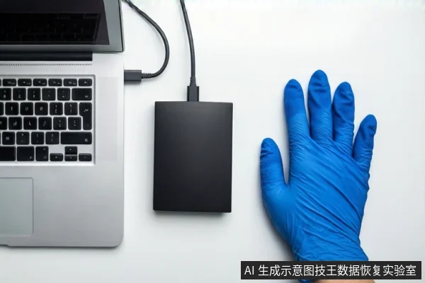 白色桌面上,左侧是一台银色笔记本电脑,中间是一个黑色外接硬盘盒,右侧是一只戴蓝色手套的手掌平放,硬盘通过线缆连接至电脑。