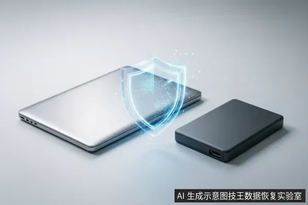 画面展示了一台闭合的银色笔记本电脑与一个黑色移动硬盘,两者之间悬浮着一个发光的蓝色全息盾牌图标。该视觉元素象征着对存储介质的安全防护、数据隔离或专业保护机制。