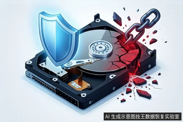 白色背景中,一块打开外壳的机械硬盘平放,盘片出现红色裂纹和碎片飞溅。左侧悬浮蓝色盾牌,右侧有断裂的链条。