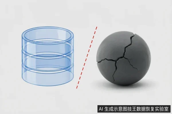 图片左侧为三个堆叠的蓝色透明圆柱体，象征数据库或数据层级；右侧为一个表面布满裂纹的深灰色球体，象征受损介质。中间由红色虚线分隔，直观展示了逻辑数据结构与物理存储介质损坏状态之间的界限与对比。