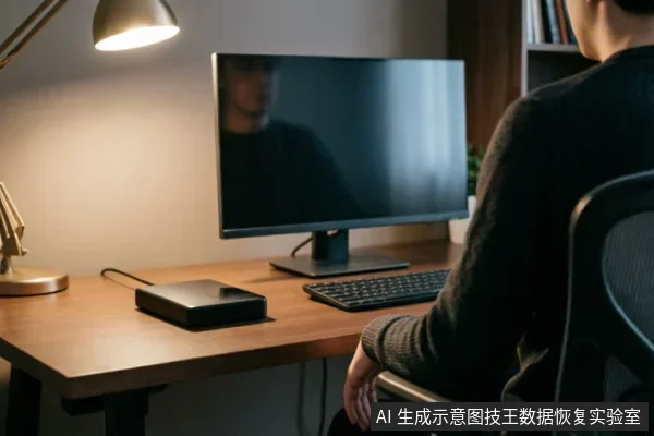 昏暗灯光下的木质办公桌上,一人背对镜头坐在电脑前,屏幕上映出模糊倒影。桌面上放置着黑色外接硬盘盒与键盘,营造出专注且严肃的数据排查或恢复评估氛围。