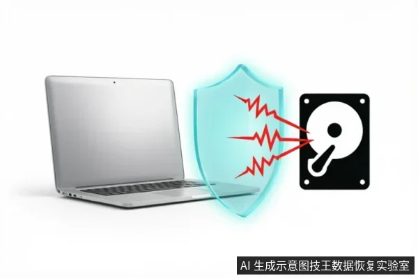 画面左侧是一台打开的银色笔记本电脑，中间竖立着一个发光的青色盾牌。右侧是一个黑色的硬盘图标，红色的锯齿状闪电正撞击在盾牌上被弹开，象征防护机制阻挡了针对存储介质的直接冲击或损坏。
