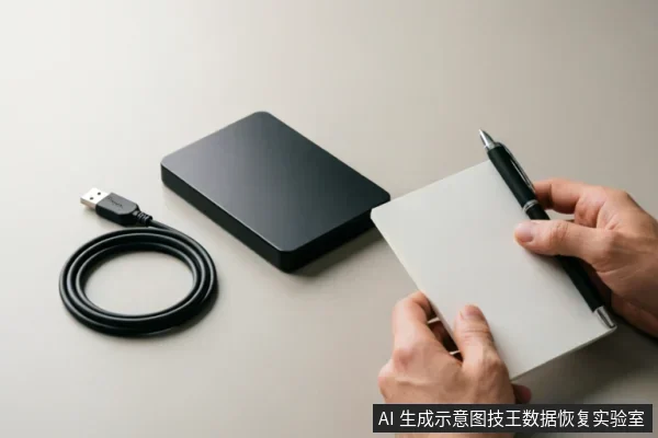 浅灰色桌面上放置着一个黑色移动硬盘盒及一根卷好的USB数据线。画面右侧有一双手正拿着白色记事本和一支笔,似乎准备记录设备状态或检查信息。