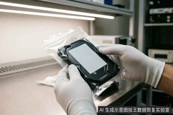 一双戴着白色防静电手套的手,正拿着一个封装在透明密封袋中的黑色硬盘。背景为模糊的实验室环境,可见金属工作台及架上的专业电子测试仪器,体现了对存储介质进行物理防护与专业检测的场景。