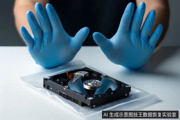 白色桌面上,一块打开外壳的机械硬盘平放在透明防静电袋中,可见盘片、主轴和磁头臂。上方一双戴蓝色手套的手掌张开悬停在硬盘上方,背景为模糊的深色环境。