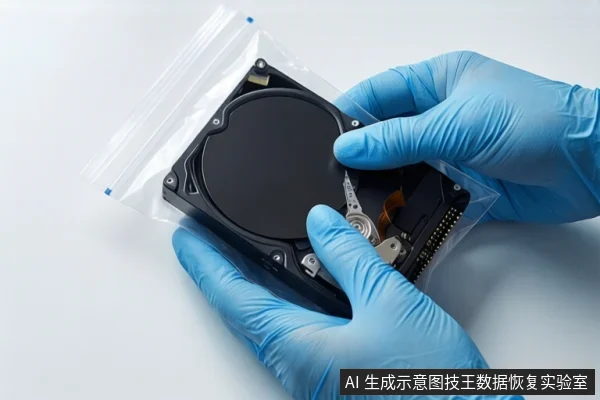 白色背景中,一双戴蓝色手套的手正在操作一块打开外壳的机械硬盘,硬盘放置在透明防静电袋上,可见盘片、主轴和磁头臂。