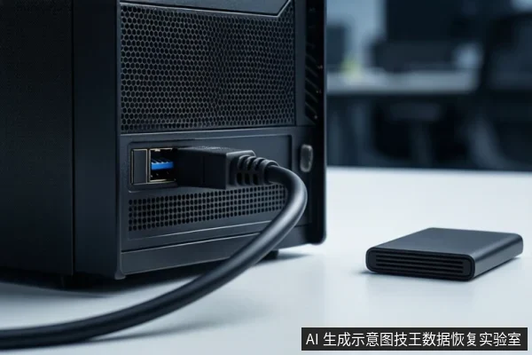 白色桌面上,左侧竖立一台黑色台式电脑主机,背面接口处插入一根黑色线缆。右侧平放一个黑色外接硬盘盒。背景为模糊的办公环境。