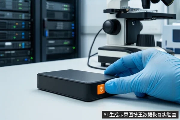 白色实验台上,一只戴蓝色手套的手正在按压一个黑色外接硬盘盒侧面的橙色电源按钮。背景可见模糊的服务器机柜和一台显微镜。