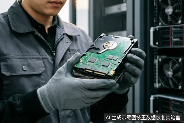 一名身穿灰色工装、佩戴防静电手套的技术人员,在服务器机柜背景前双手托举展示一块裸露的3.5英寸机械硬盘。画面聚焦于技术人员的专业操作及硬盘底部的绿色电路板与接口细节,体现了硬件检测场景。