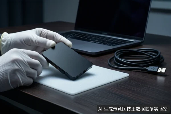 戴白手套的双手在深色桌面上持握一块黑色移动固态硬盘,下方白色垫子上平放另一块黑色固态硬盘,右侧盘绕一根黑色USB数据线,背景为模糊的笔记本电脑。
