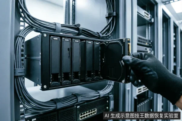 一只戴着黑色防静电手套的手正从机柜的硬盘阵列托架中取出一块机械硬盘,周围可见整齐捆绑的黑色数据线缆,展示了专业数据中心环境下的硬件维护与介质提取场景。