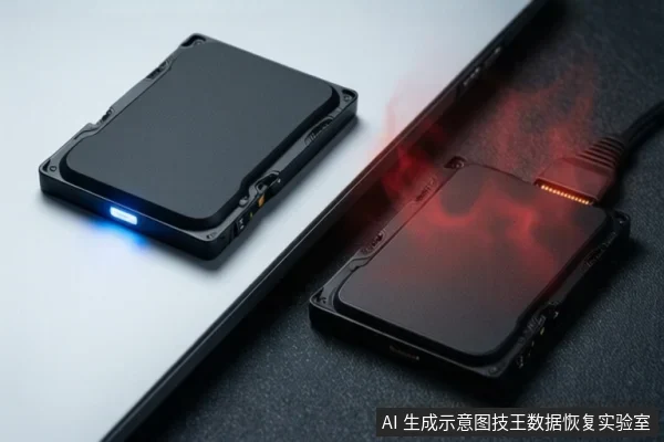 画面分为左右两部分:左侧为白色背景上的黑色固态硬盘盒,前端亮着蓝色指示灯;右侧为深色背景上的同款硬盘盒,连接着数据线,上方覆盖着红色烟雾状特效,暗示过热或故障。