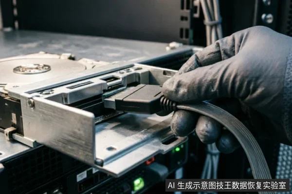 一只戴着灰色防护手套的手正将SATA数据线插入裸露的机械硬盘接口中,背景可见带有指示灯的服务器机架设备,展示了硬件连接与物理排查场景。