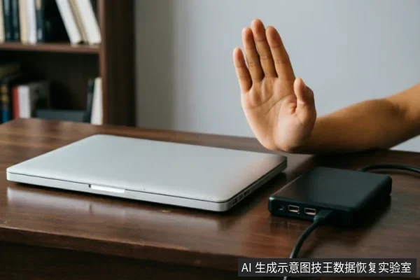 一只手掌在闭合的笔记本电脑前做出停止手势,旁边连接着一个黑色移动硬盘盒,示意在数据恢复过程中应立即停止通电与读写操作,以保护原始介质安全。