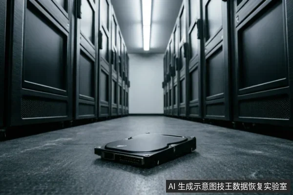一块3.5英寸机械硬盘被单独放置在数据中心服务器机房的过道地面上,背景是排列整齐且延伸至远处的黑色服务器机柜,光线从顶部投射下来,营造出设备故障或数据丢失的沉重氛围。