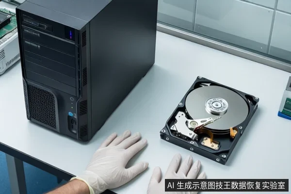 白色桌面上,左侧放置一台黑色立式主机,右侧平放一块打开外壳的机械硬盘,露出盘片与磁头组件。下方一双戴白色手套的手平放在桌面上。背景可见窗户。