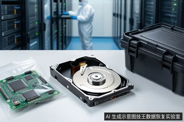 白色桌面上平放一块打开外壳的机械硬盘,左侧防静电袋内装有一块绿色电路板,右侧有一个黑色防震箱。背景为模糊的服务器机房,一名身穿无尘服的人员正在操作机柜。