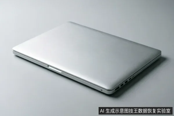 一台闭合的银色笔记本电脑,呈斜侧角度放置在浅灰色背景上。画面展示了电脑侧面轮廓及接口区域,无任何屏幕显示内容或内部拆解细节,仅作为设备外观示意。