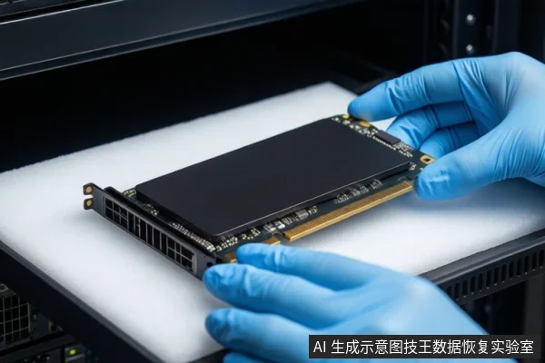 白色防静电垫上，一双戴蓝色手套的手正持握一块带金手指和散热片的服务器RAID卡，背景为黑色服务器机柜。