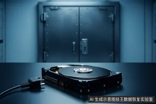 深色桌面上放置一块裸露的机械硬盘,盘片与主轴电机清晰可见,旁边连接着SATA数据线和电源线,背景为虚化的金属柜门。