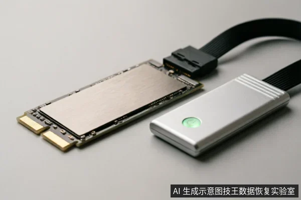 一块M.2固态硬盘通过黑色数据线连接至一个银色外接设备,该设备上的绿色指示灯亮起,示意硬盘已被正确识别并处于只读评估或镜像制作状态。