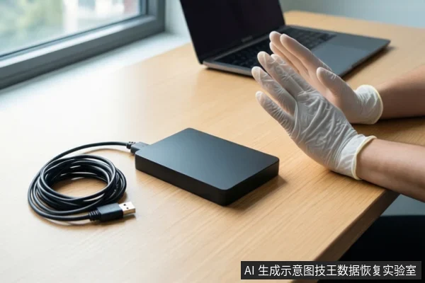 木质桌面上平放一个黑色移动硬盘和一卷黑色USB线缆,右侧一双戴白色手套的手掌心朝外做出停止手势,背景是模糊的窗户和笔记本电脑。